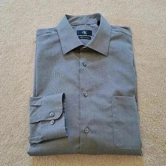Calvin Klein Men's  Dress Shirt Grey Cotton 17 - 32/33 Micro Check Non Iron - Picture 1 of 12